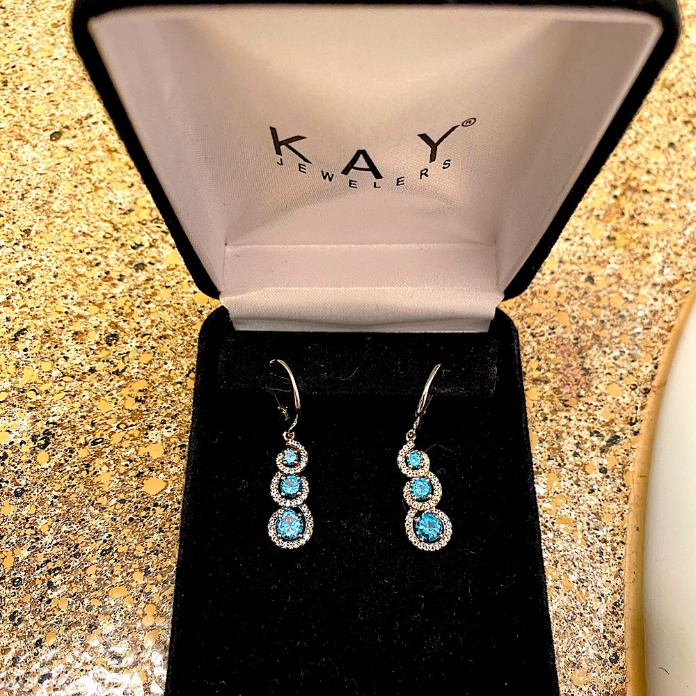 Blue/White Topaz Three-Stone Dangle Sterling Silver Earrings